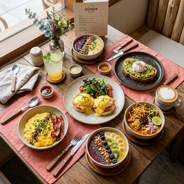 Eggtisan breakfast and brunch menu spread