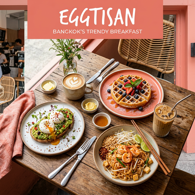 Eggtisan signature breakfast spread — eggs, avocado toast, pad thai and specialty coffee