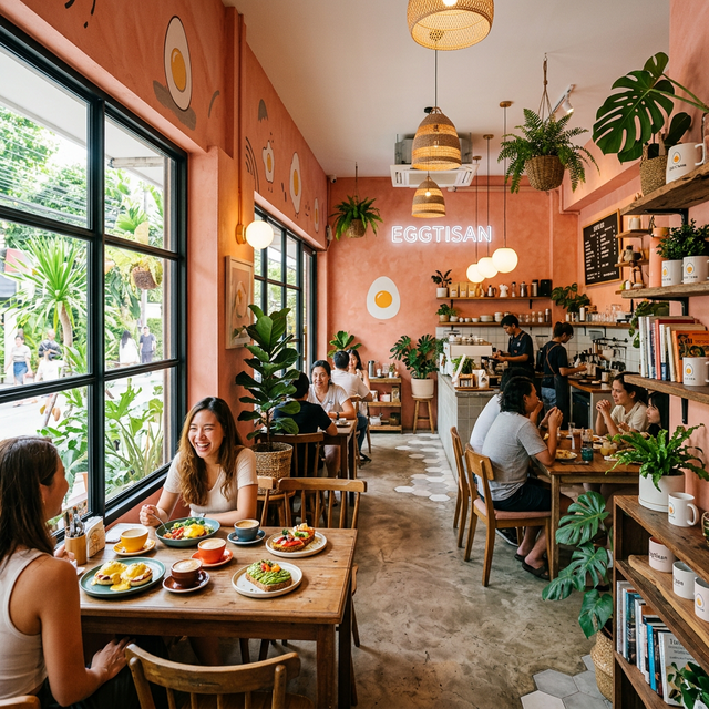 Inside Eggtisan cafe — warm coral-pink walls, natural light, cozy seating